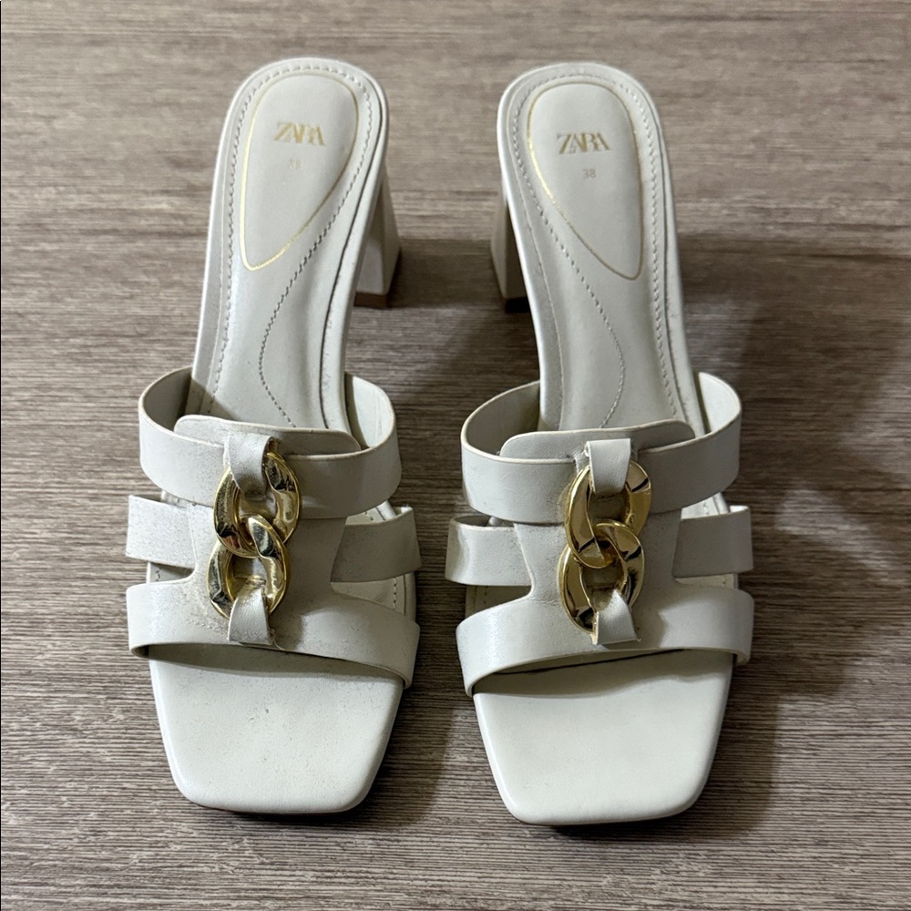 Zara Cream Heeled Sandals with Gold Chain